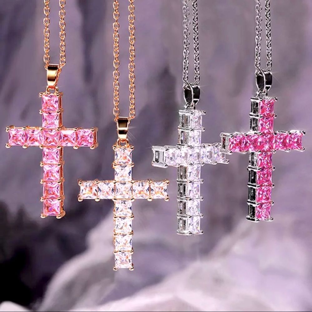 Silver Rhinestone Cross Necklace - Picture 2 of 3